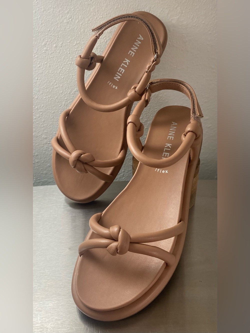 NEW-ANNE KLEIN FLEX TAN KNOTTED VELCRO STRAP SANDALS